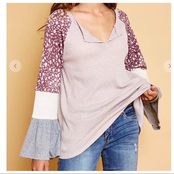 #14 Bell Sleeves Raglan Contrast Color Block Tunic - Picture 4 of 6